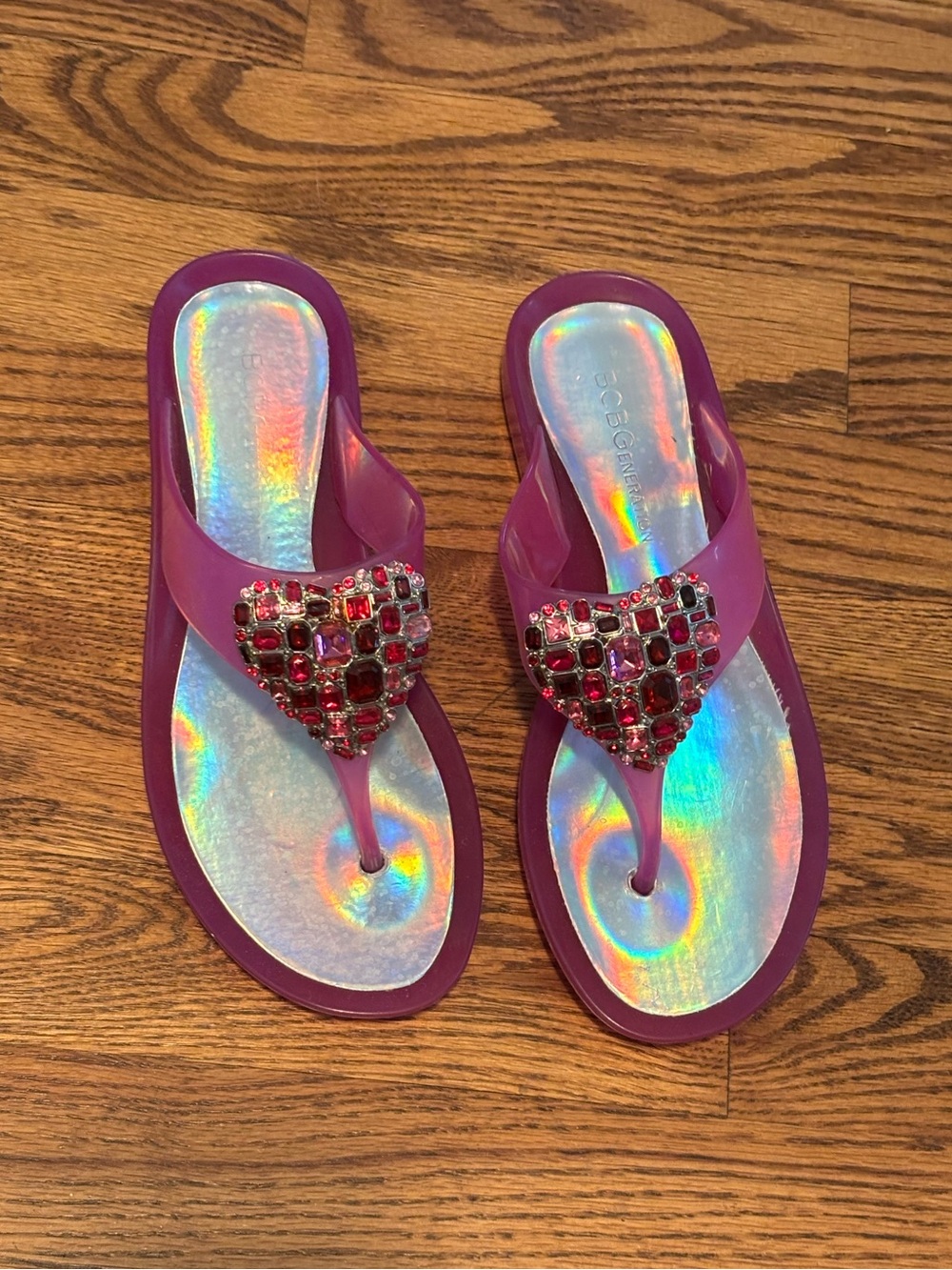 BCBGeneration Rhinestone Heart Jelly Flip Flops - Pink/Purple - Size 7